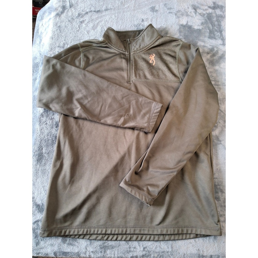 Browning Mens Quarter Zip Pullover Fleece Lined Olive Green Buckmark Logo Size L